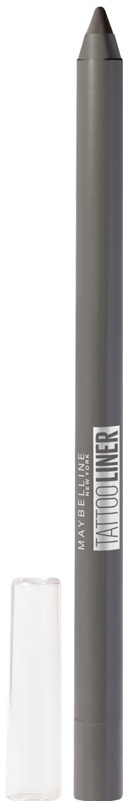 En grå eyelinspenna med genomskinligt lock och text på sidan, för ögonmakeup.