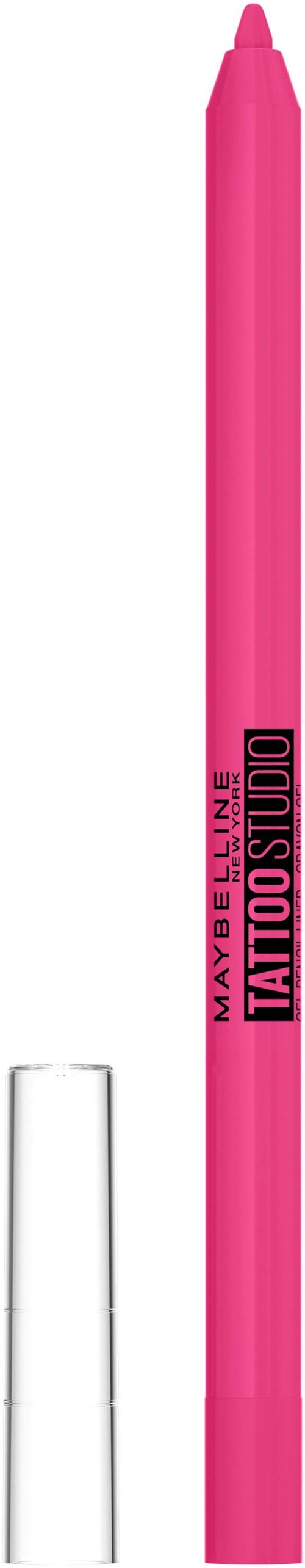 En rosa eyelinspenna med tydligt lock, märkt "Maybelline Tattoo Studio."