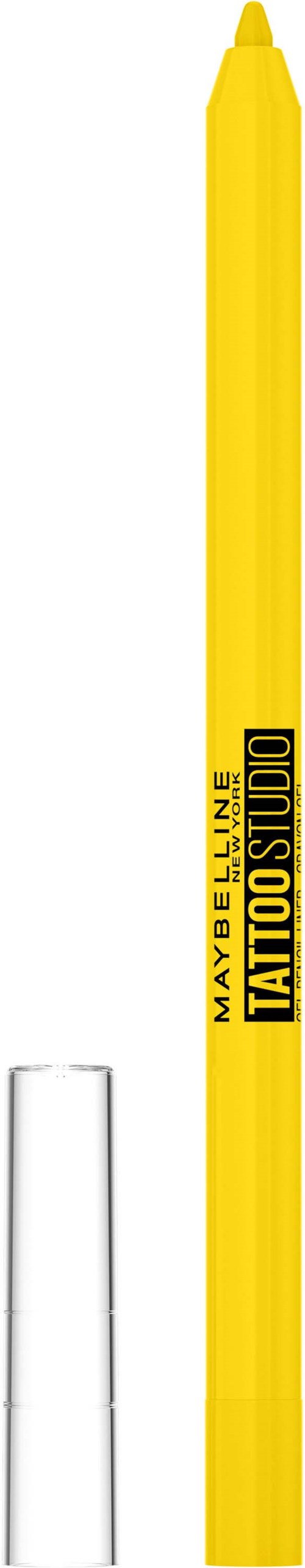 En gul marker med svart text som säger "Maybelline Tattoo Studio".