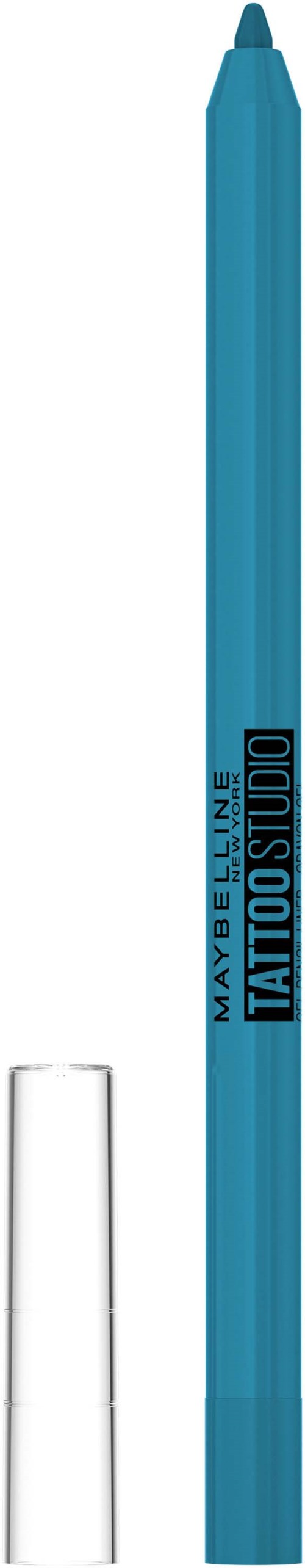 En blå tatueringspenna med vit grepp, märkt "MAYBELLINE TATTOO STUDIO."