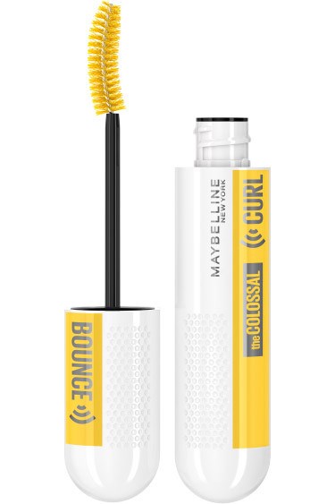 Mascara-tuben är öppen, visar en gul mascara-borste. Etiketter läser 'BOUNCE' och 'the COLOSSAL CURL'.