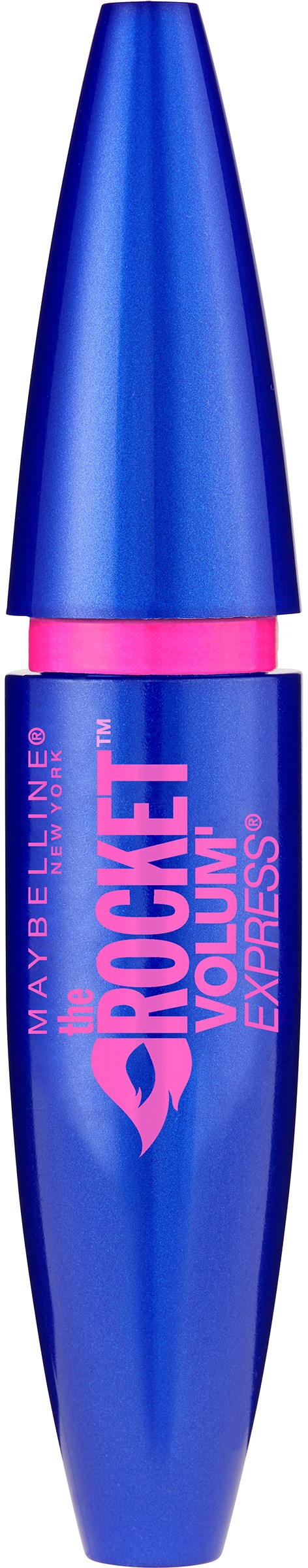 Blå och rosa mascara-rör med texten 'Rocket Volum' från Maybelline.