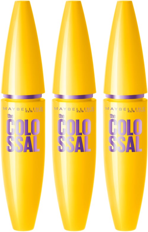 Tre gule mascara- rør med lilla etiketter som sier "the COLLOSSAL."