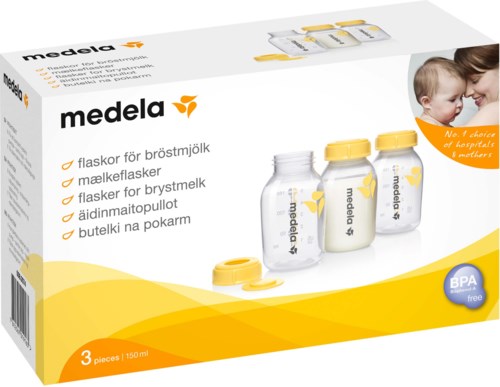 Eine Verpackung mit Medela Brustmilchflaschen, drei Flaschen im gelben und weißen Design, und einem Bild einer Mutter und eines Kindes.
