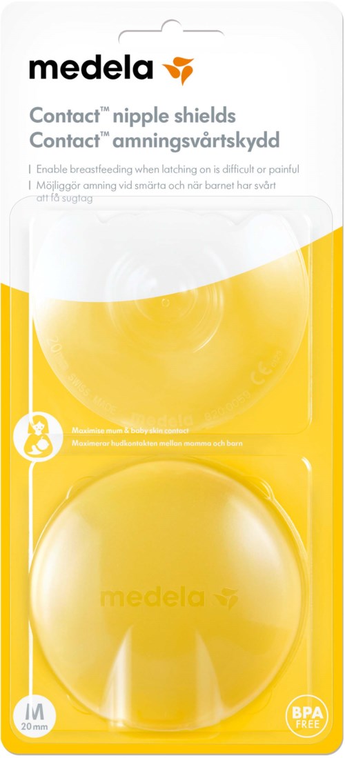 Medela Brustwarzenhütchen Packung mit gelbem Boden und weißer Oberseite, enthält Logo, Produktname und Größenangaben.