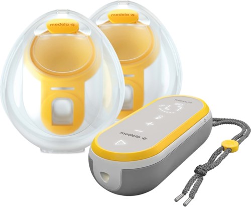Two yellow and white breast pump parts with a control device and a cord.