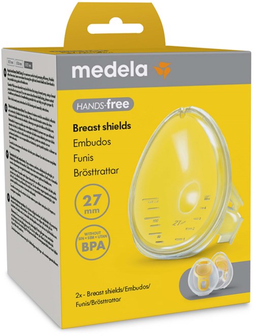 A box of Medela breast shields with a yellow and gray design, showing a yellow breast shield and a small breast pump.
