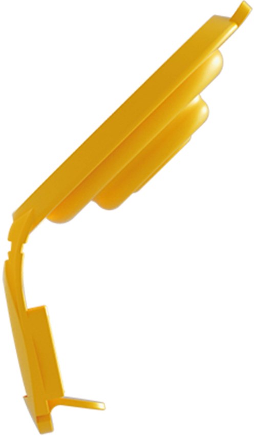 Een gele telefoon met draad en toetsenbord, vanaf de zijkant.