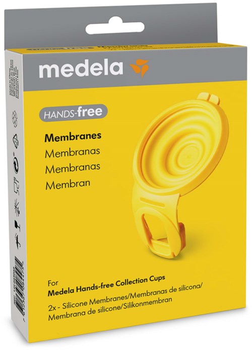 Doos met Medela siliconenmembranen voor handsfree verzameltoppen, geel en grijs ontwerp.