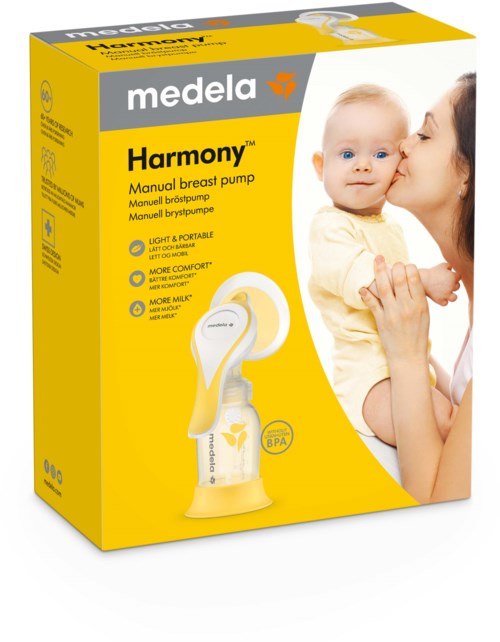 A woman holds a baby next to a yellow box of a breast pump product, with text details on the box.