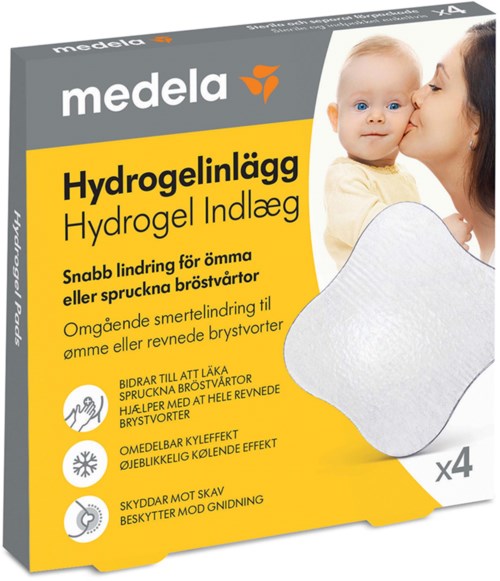 Medela hydrogel pad for sore or cracked nipples, with a woman kissing a baby on the cheek. Package shows four pads.