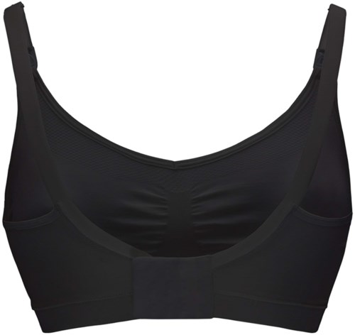 A black sports bra with adjustable straps and front clasp, designed for support during exercise.