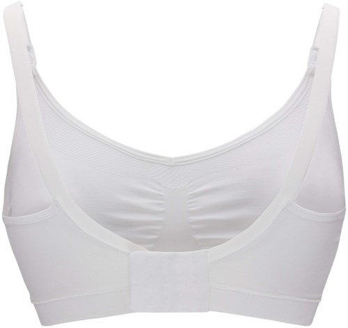 A white sports bra with wide straps and a thick band at the bottom.