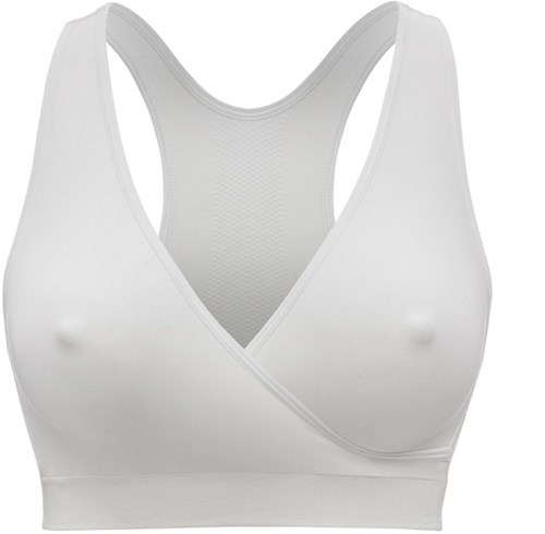 A white sports bra with a deep V-neck and wide straps, designed for support during exercise.
