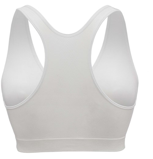 A plain white sports bra with wide straps and a supportive back design.