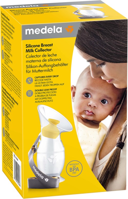 A yellow box with a mother breastfeeding a baby, showcasing a silicone breast milk collector product by Medela.