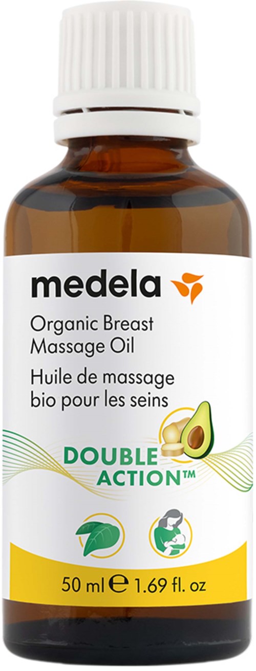 A brown bottle with a white cap containing Medela Organic Breast Massage Oil, labeled with green and yellow accents.
