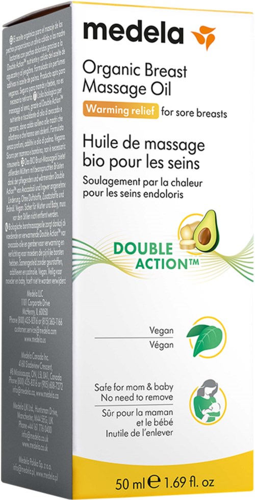 A box of Medela organic breast massage oil with avocado, vegan, for sore breasts, 50ml. Contains logos and text.