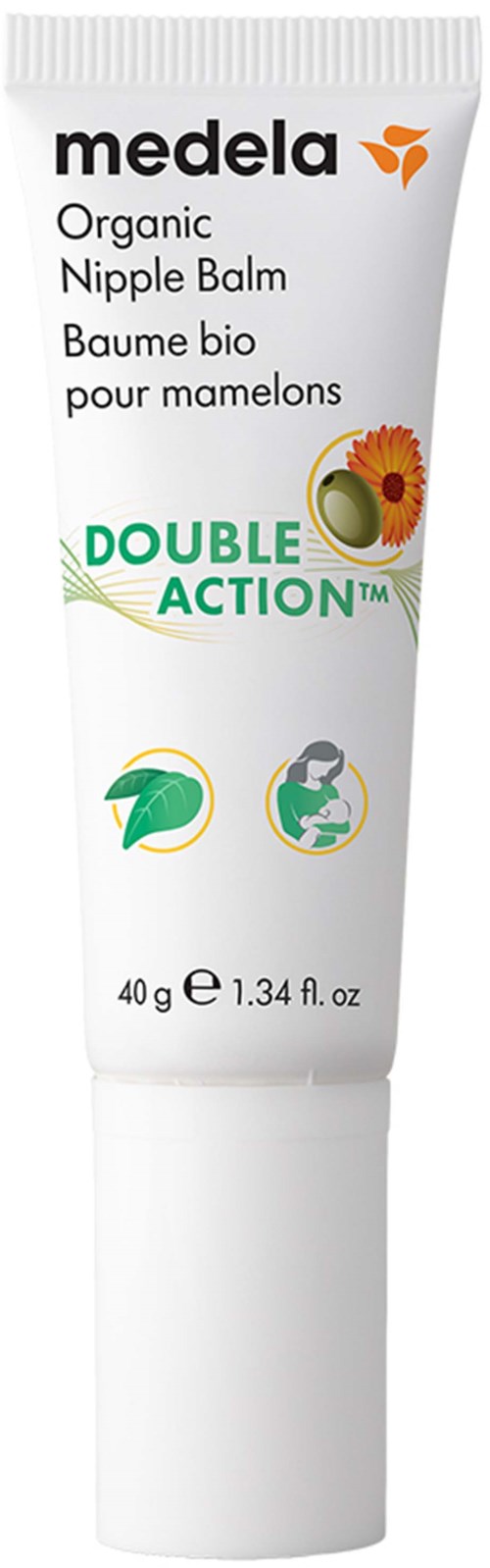 A white tube of Medela organic nipple balm with green and orange icons and text about double action and natural ingredients.