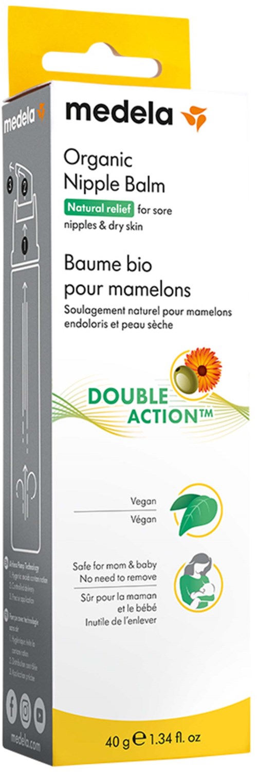A white and yellow box of Medela nipple balm, with text about its natural relief for sore nipples and dry skin.