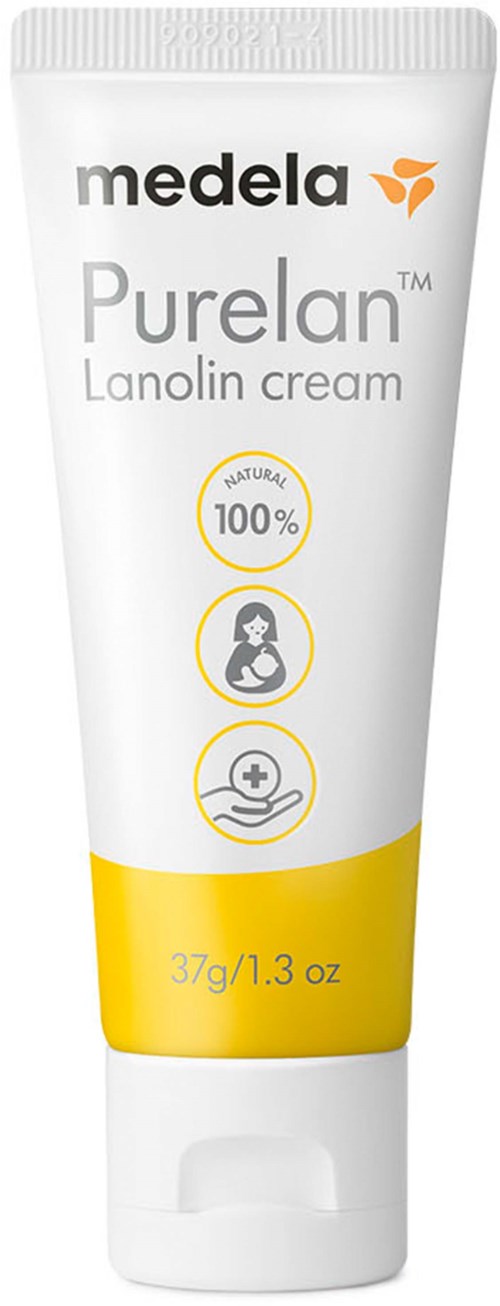 Tube of Medela Purelan Lanolin cream, contains 37g, white and yellow packaging, with icons and text.