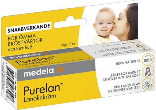 A package of Medela Purelan lanolin cream for nursing moms, with a mother kissing a baby on the packaging.