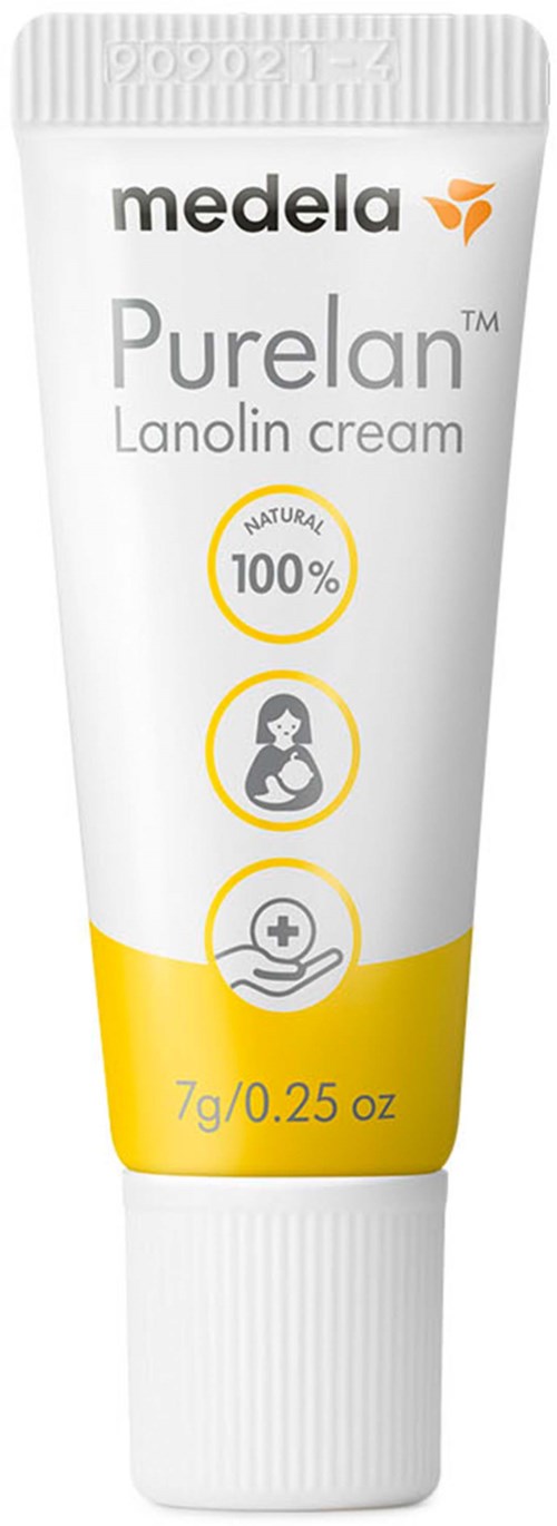 White tube with yellow and black text, labeled Medela PureLan Lanolin cream, 7g, 0.25 oz, natural and soothing.