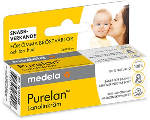 The box contains Medela Purelan lanolin cream, with a picture of a woman kissing a baby, yellow and white packaging.