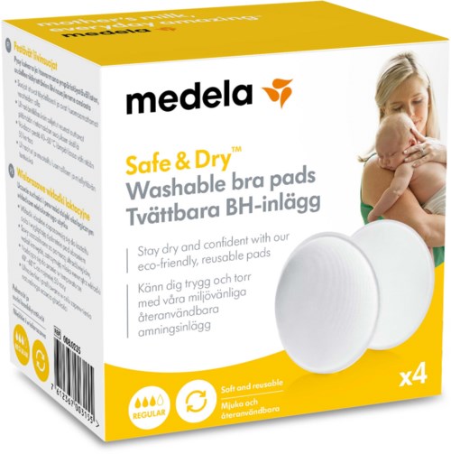 Medela waschbare BH-Einlagen, Frau und Kind, gelbe und weiße Farben, vier Pads, umweltfreundlich.
