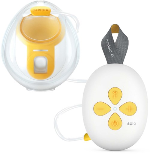 A breast pump with a bottle, control buttons, and a small portable device with yellow controls and a gray strap.