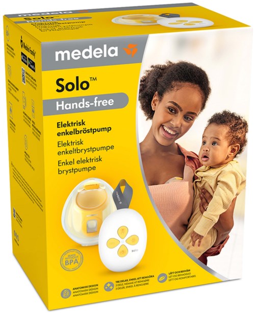 Yellow box with a woman and child, showing a breast pump and remote control, and text describing the product features.
