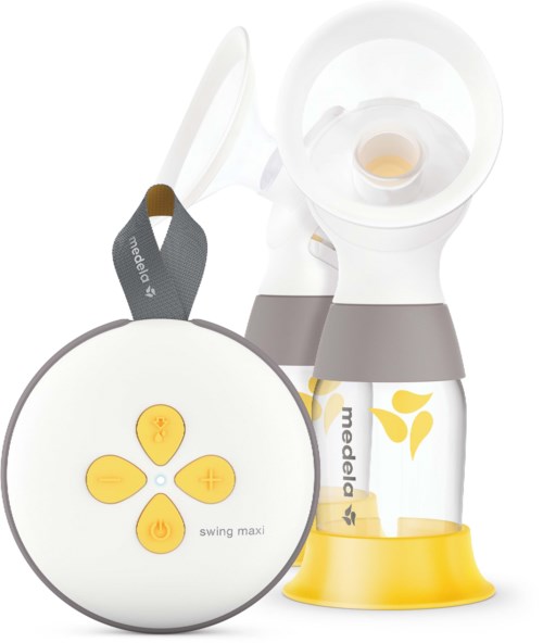 Een borstpomp met bedieningsring, fles en pompendelen. Het heeft gele knoppen en een grijze band.