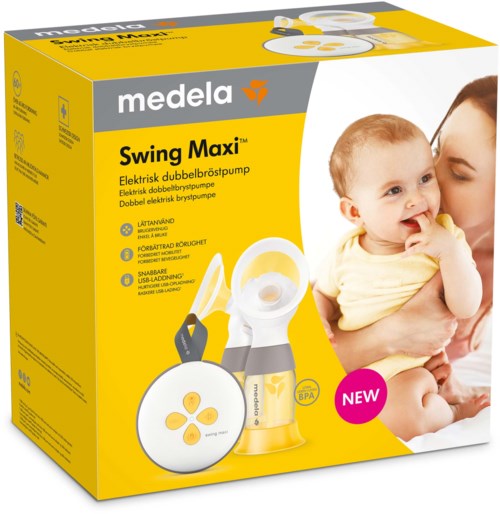 Doos met Medela Swing Maxi borstvoedingspomp met lachende vrouw en baby. Heldere gele en witte uitstraling.