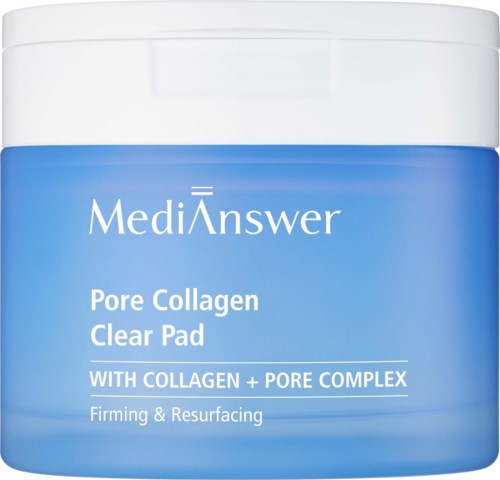 Een blauwe pot met de tekst 'MediAnswer Pore Collagen Clear Pad' over collageen, poriën en versteviging.
