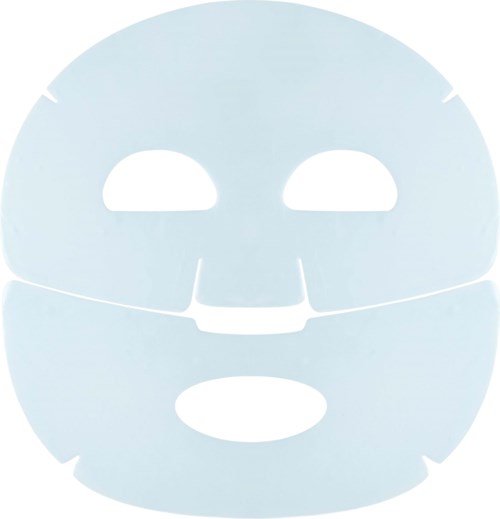 Een lichtblauwe gezichtsmasker met openingen voor ogen, neus en mond, bedoeld voor huidverzorging.