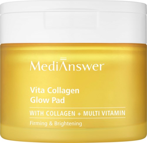 Gele pot met witte deksel, gelabeld MediAnswer Vita Collagen Glow Pad voor versteviging en verheldering van de huid.