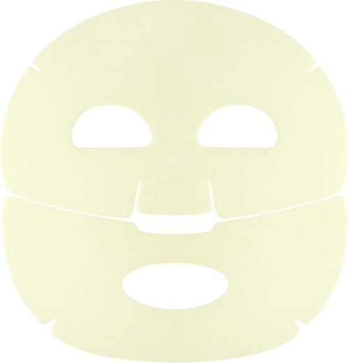 Eine hellgelbe Gesichtsmaske mit Ausschnitten für Augen, Nase und Mund, geformt wie ein Gesicht.