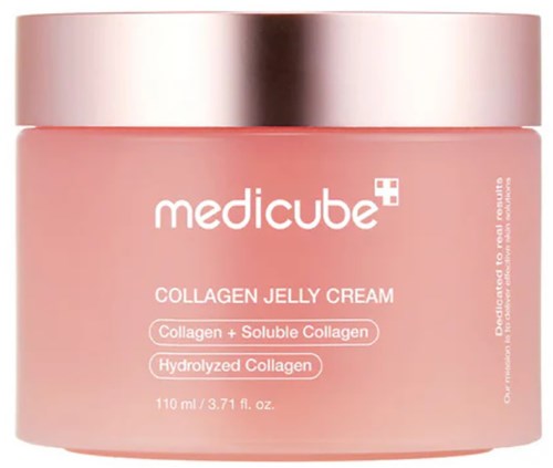 Een roze pot met zilveren deksel met label "Medicure Collagen Jelly Cream" voor huidverzorging.