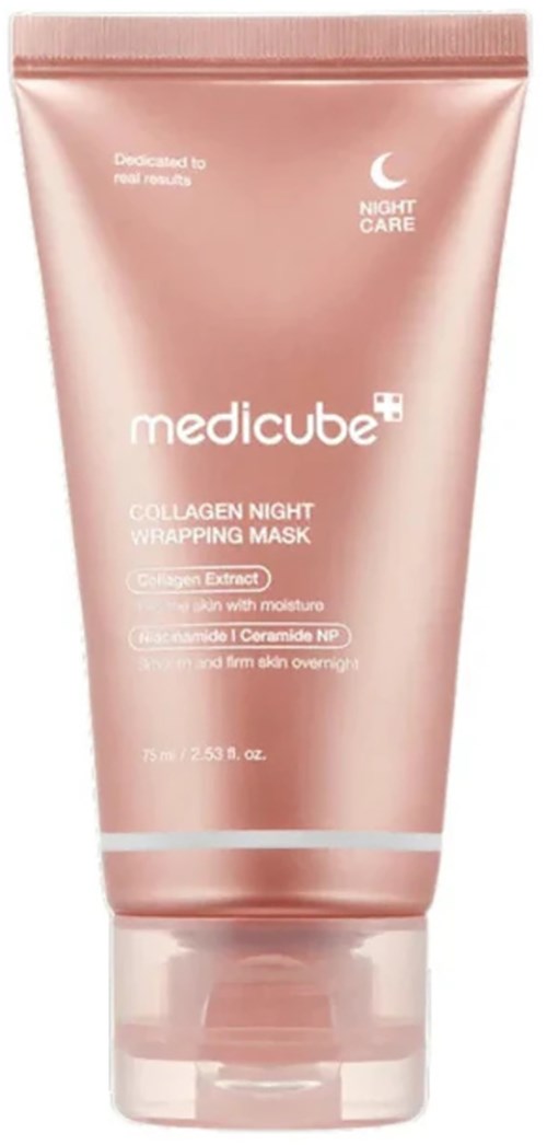 Pink tube of medicube Collagen Night Wrapping Mask with text and brand logo on it.