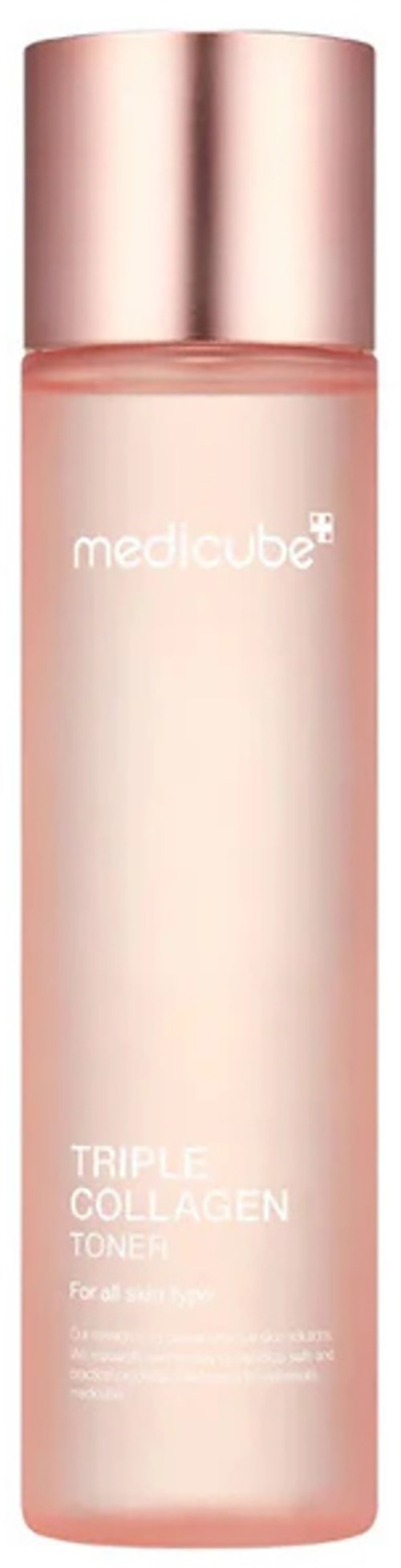 Een roze cilindervormige fles met een metallic deksel, gelabeld 'medicube' en 'TRIPLE COLLAGEN TONER'.