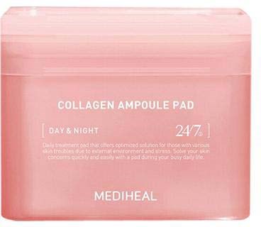 Roze collageenampullepadverpakking met tekst over dag- en nachtgebruik en 24/7. Merk is MEDIHEAL.