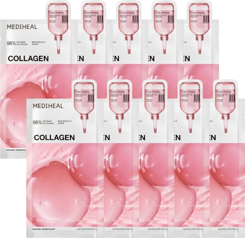 Flera boxar med kollagenserum med rosa förpackning och en stor rosa droppe på etiketten.