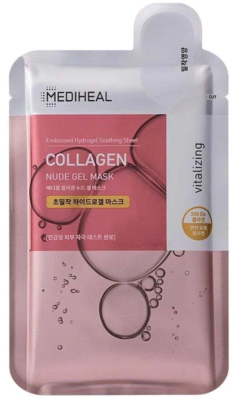 Een roze zakje met peel-off gezichtsmaske 'Collagen Nude Gel Mask' met Koreaanse tekst en bellen.
