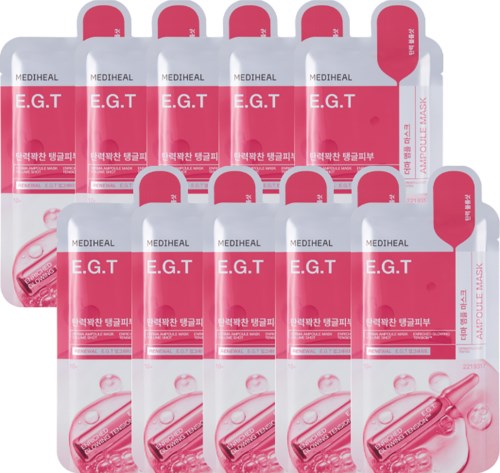 A set of pink and white skincare sachets labeled E.G.T for skin treatment.
