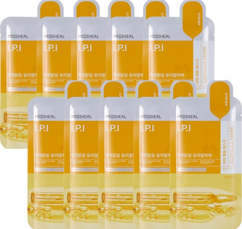 Flera flaskor med Mediheal I.P.I. Ampoule Mask staplade, huvudsakligen orange och vit förpackning.