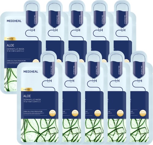 Multiple Aloe Vera masks in blue and white packaging with green Aloe leaves at the bottom.