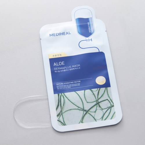 A facial mask package with a tube illustration, aloe label, and simple design for skin hydration.