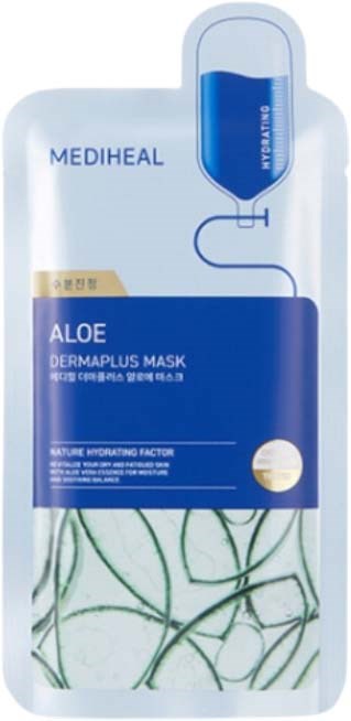 Een verpakking van MEDIHEAL Aloe Dermaplus Mask met groene plantillustraties en een blauw-wit ontwerp.