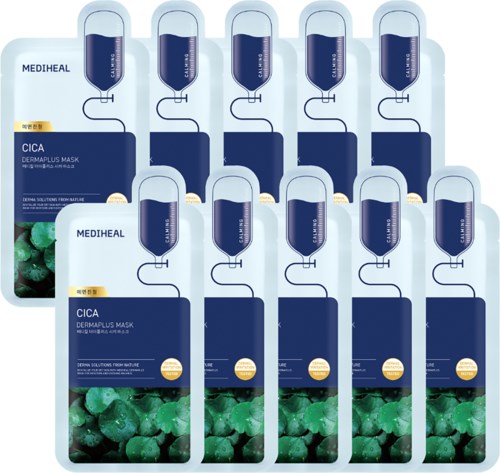 Multiple bottles of Mediheal CICA Derma Plus Mask with green and blue design, arranged in rows.