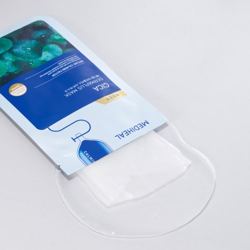 A medical patch with fluid leaking out, attached to a package labeled Mediheal, for skincare or treatment.